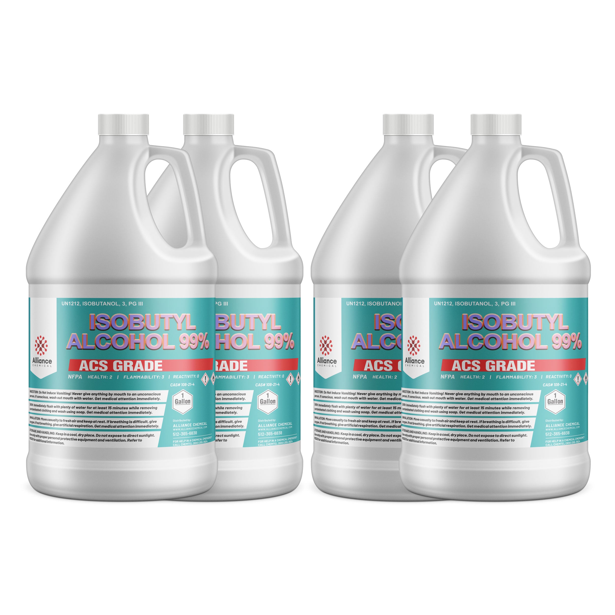 4x1-gallon HDPE jugs of Isobutyl Alcohol 99% ACS Grade with hazard symbols, teal labels, white containers, and safety warnings, UN1212 classified.